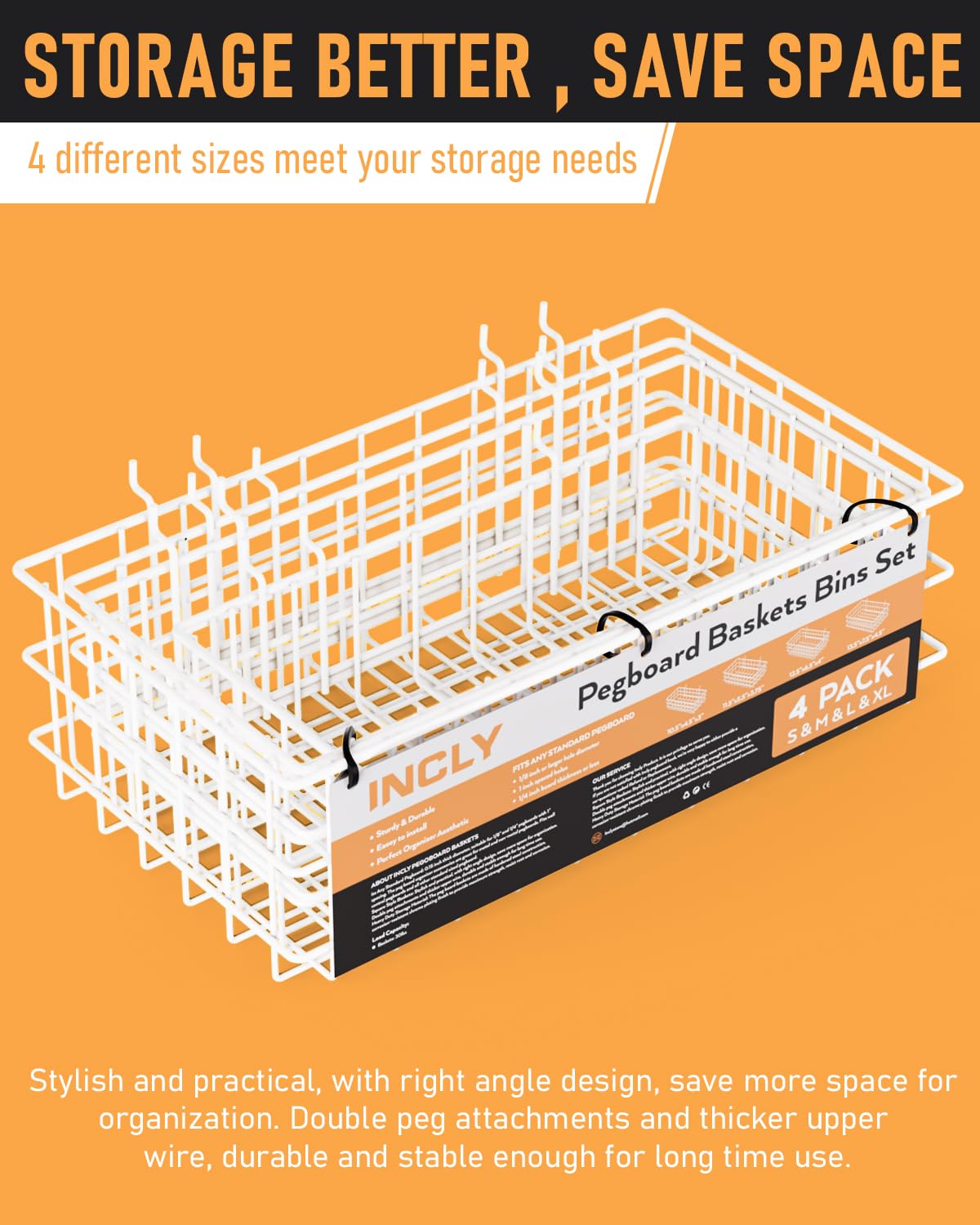 INCLY 4 Pack Pegboard Baskets Bins Set, 4 Size Square Style Metal White Wire Basket for Any Peg Board Organizing Tools, Pegboard Accessories for Workbench Garage Wall Storage Attachments
