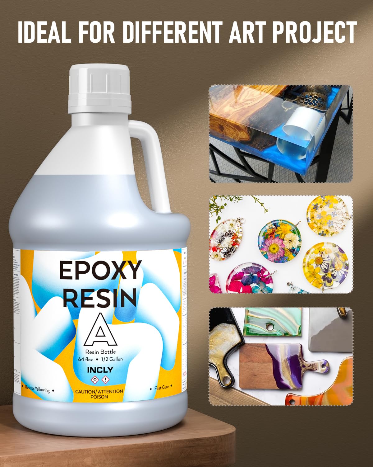 INCLY 1 Gallon Epoxy Resin Kit - Crystal Clear, Bubbles Free, UV Resistant, Food Safe for Coating & Casting, Table Top, Wood, Jewelry, Mica Pigment Powder, Art, Craft, 1:1 Ratio