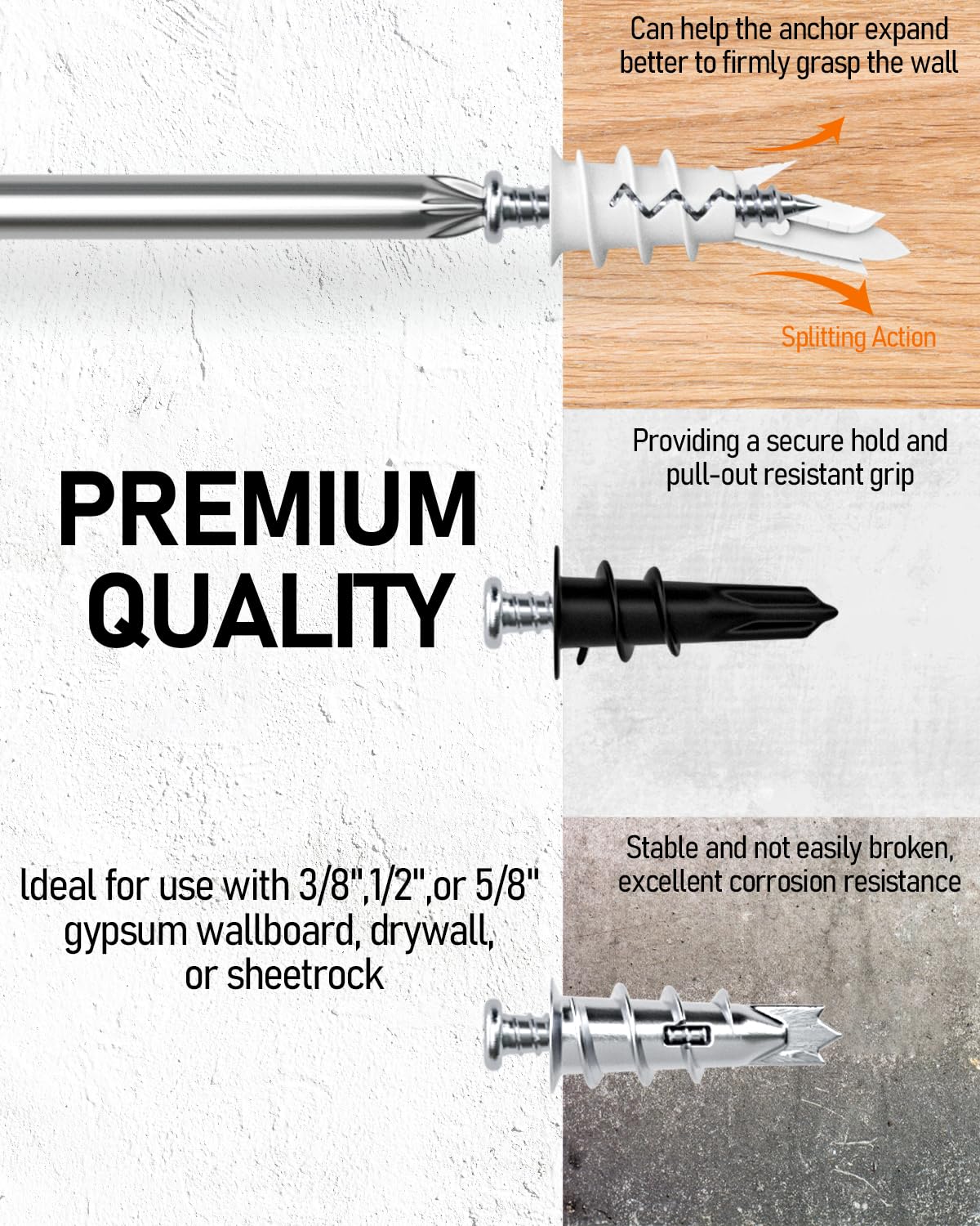 INCLY 200PCS #8 Drywall Anchors Kit Self Drilling, 100 Zinc Metal & Plastic Heavy Duty Dry Wall Anchors and 100 Philips Screws Assortment for Drywall Sheetrock Hanging and Mounting with Case