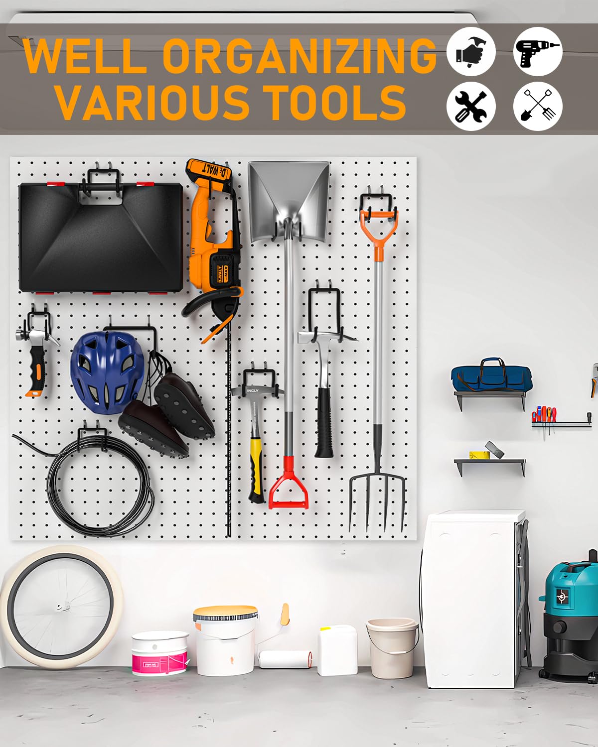 INCLY 36 Pack Heavy Duty 1/4 Inch Pegboard Hooks, Large Black Pegboard Drill Holder Tool Utility Hook, Double Peg Board Hooks Accessories for Hanging Power Tools, Drill, Workbench, Garage