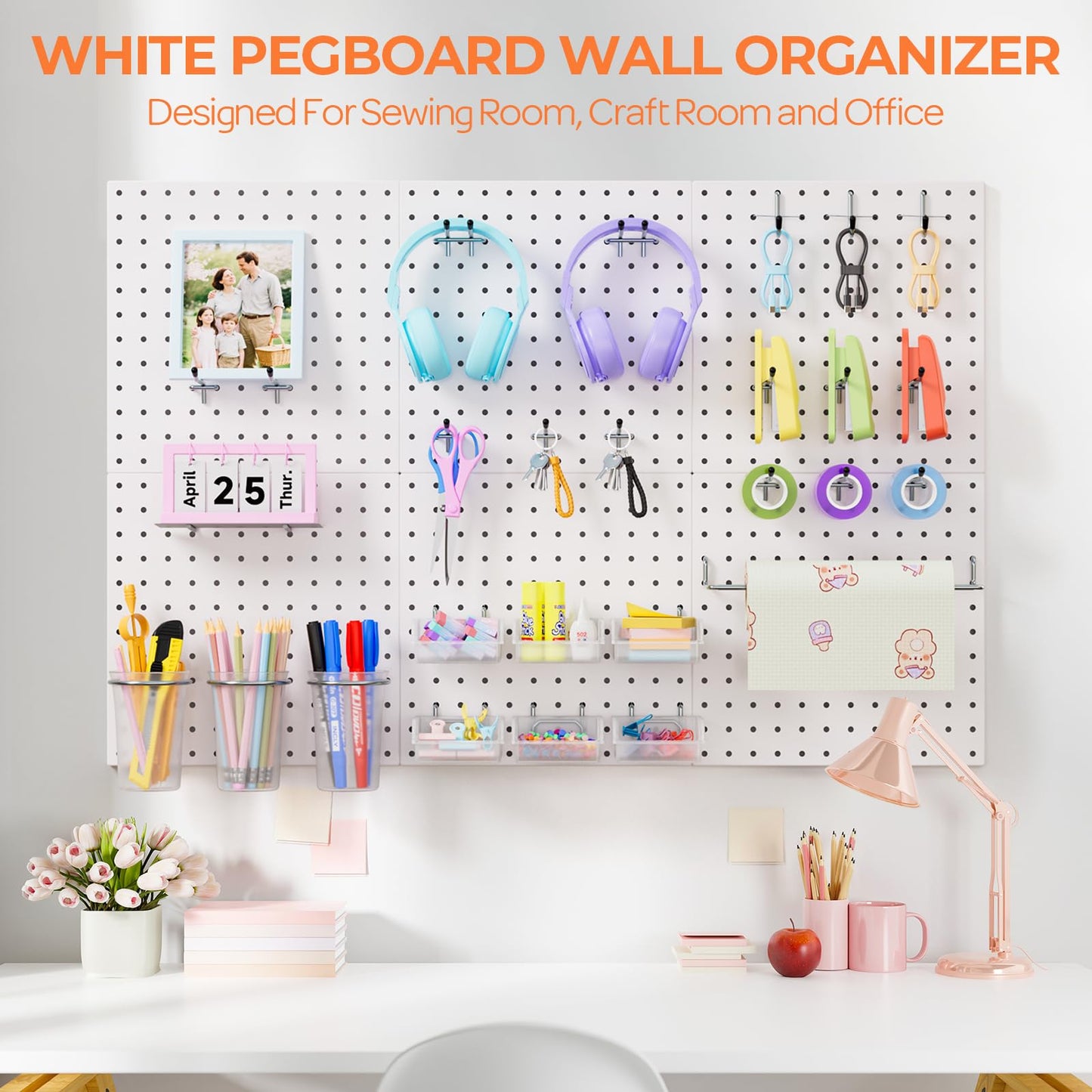 INCLY 90PCS Metal Peg Board Kit with 1/4" Pegboard Accessories, 6 Pack White Peg Board Panels, Bins, Cups and Peg Board Hooks, Paper Towel Holder,Pegboard Wall Organizer for Craft Room, Office, Sewing