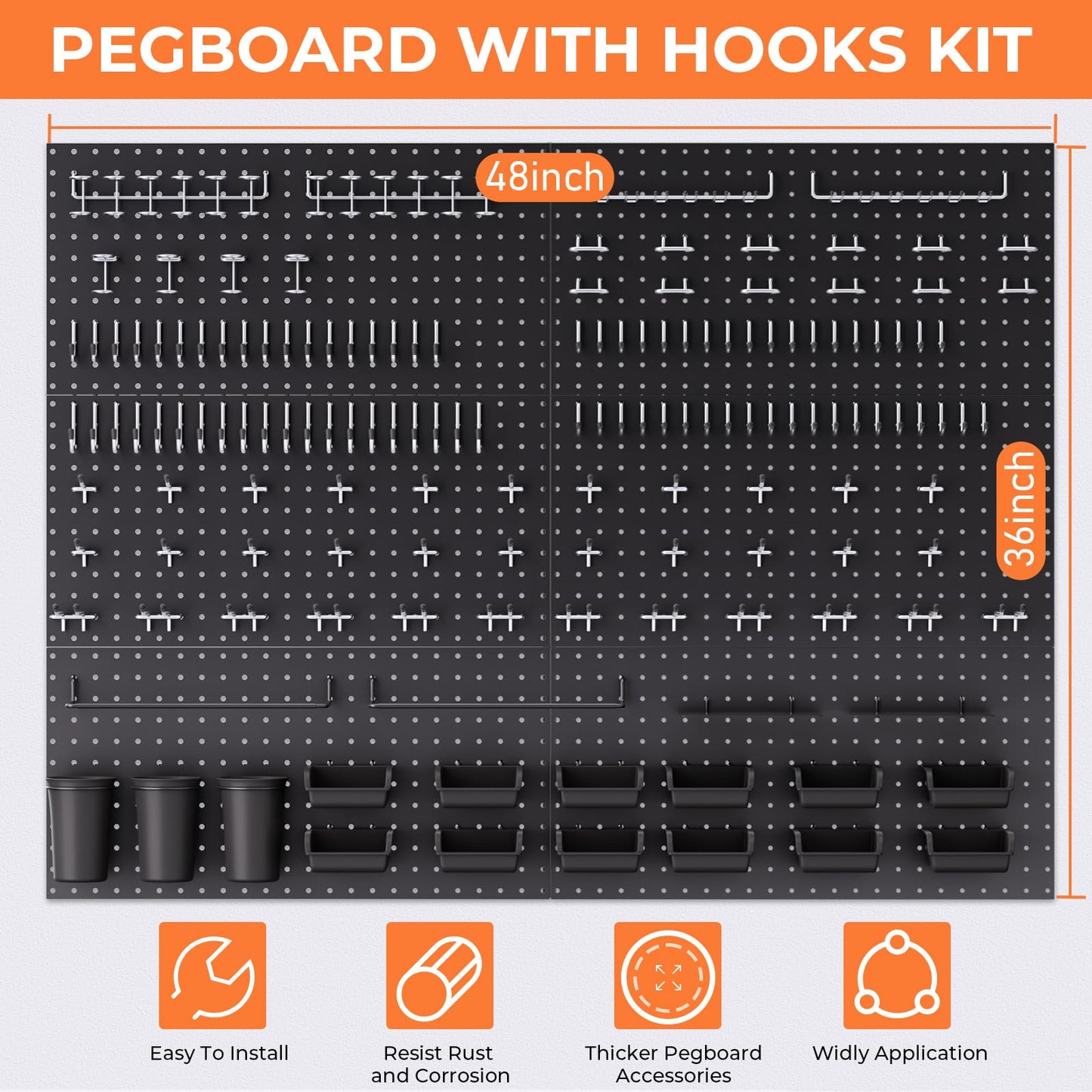 INCLY 48x36 Inch Metal Peg Board Kit with 1/4" Pegboard Hooks Accessories, 6PCS Peg Board Panels and 234PCS Black Pegboard Wall Organizer Tool Storage System for Garage Workbench Shed
