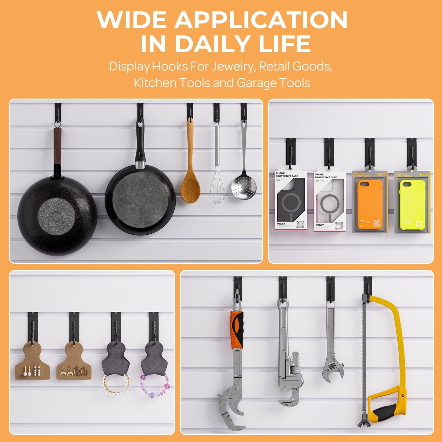 INCLY 25 Pack J-Shaped Slatwall Hooks, Heavy Duty Slat Wall Hanging Hook and Hanger, Slatwall Panel Accessories Display Hooks for Garage, Kitchen, Retail Store