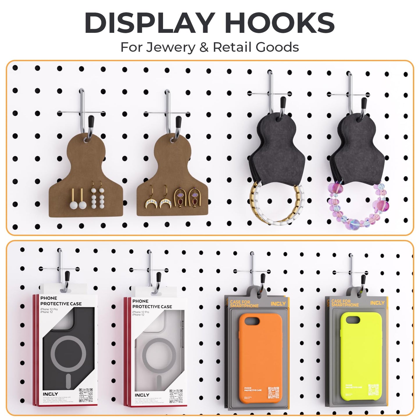 INCLY 1/4 Inch Pegboard Hooks, 100PCS Heavy Duty Metal Pegboard J Hooks Accessories with Peg Locks & Rubber Tipped, Peg Board Tool Hangers Fit 1/4" Pegboard for Wall Hanging Tools or Display Jewelry
