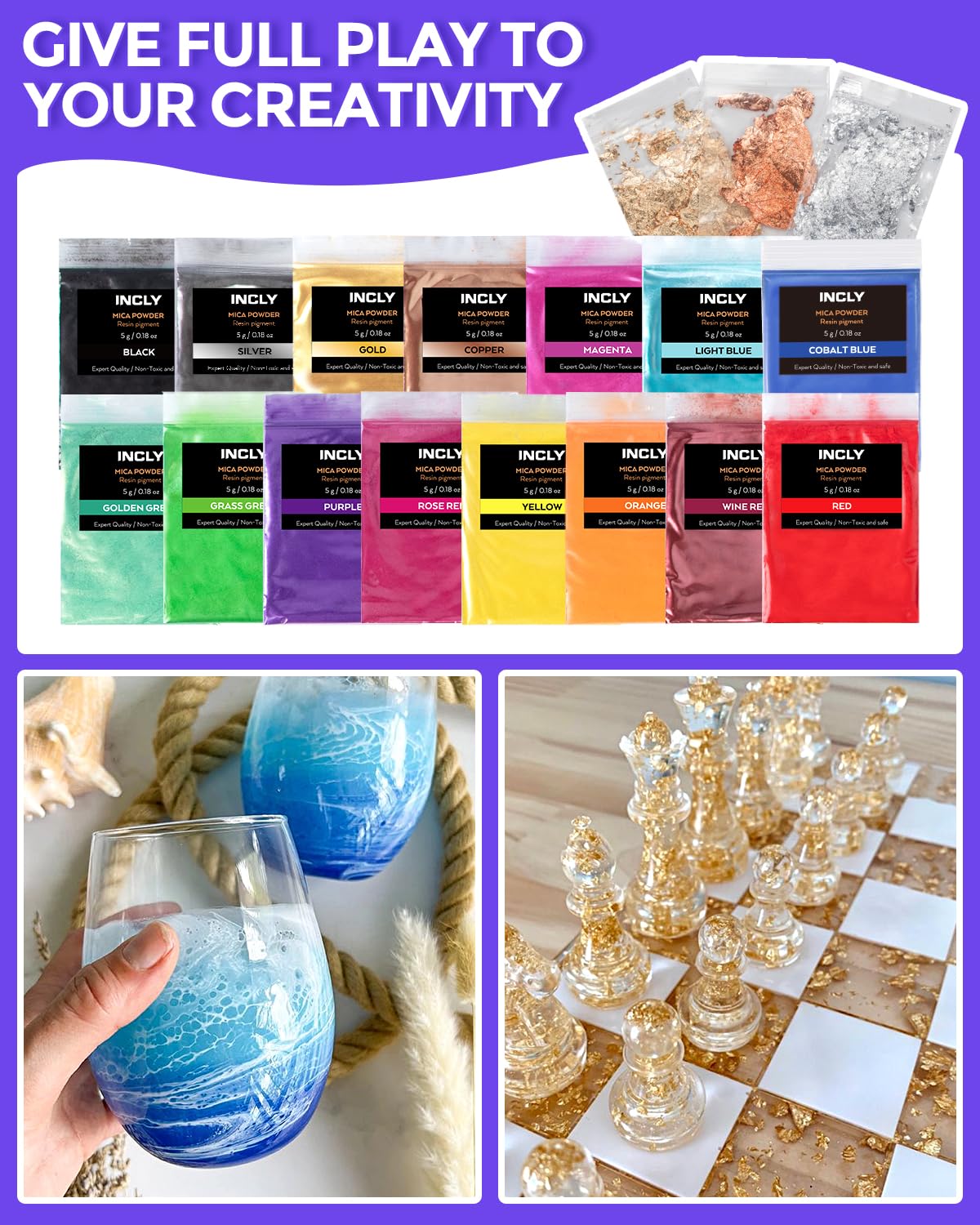 INCLY 2 Gallon Crystal Clear Epoxy Resin Kit, Casting & Coating Resin Supplies for Jewelry Making, River Table Tops, Art Painting, with 36 Colors Mica Powder, Large Silicone Cup & Sticks