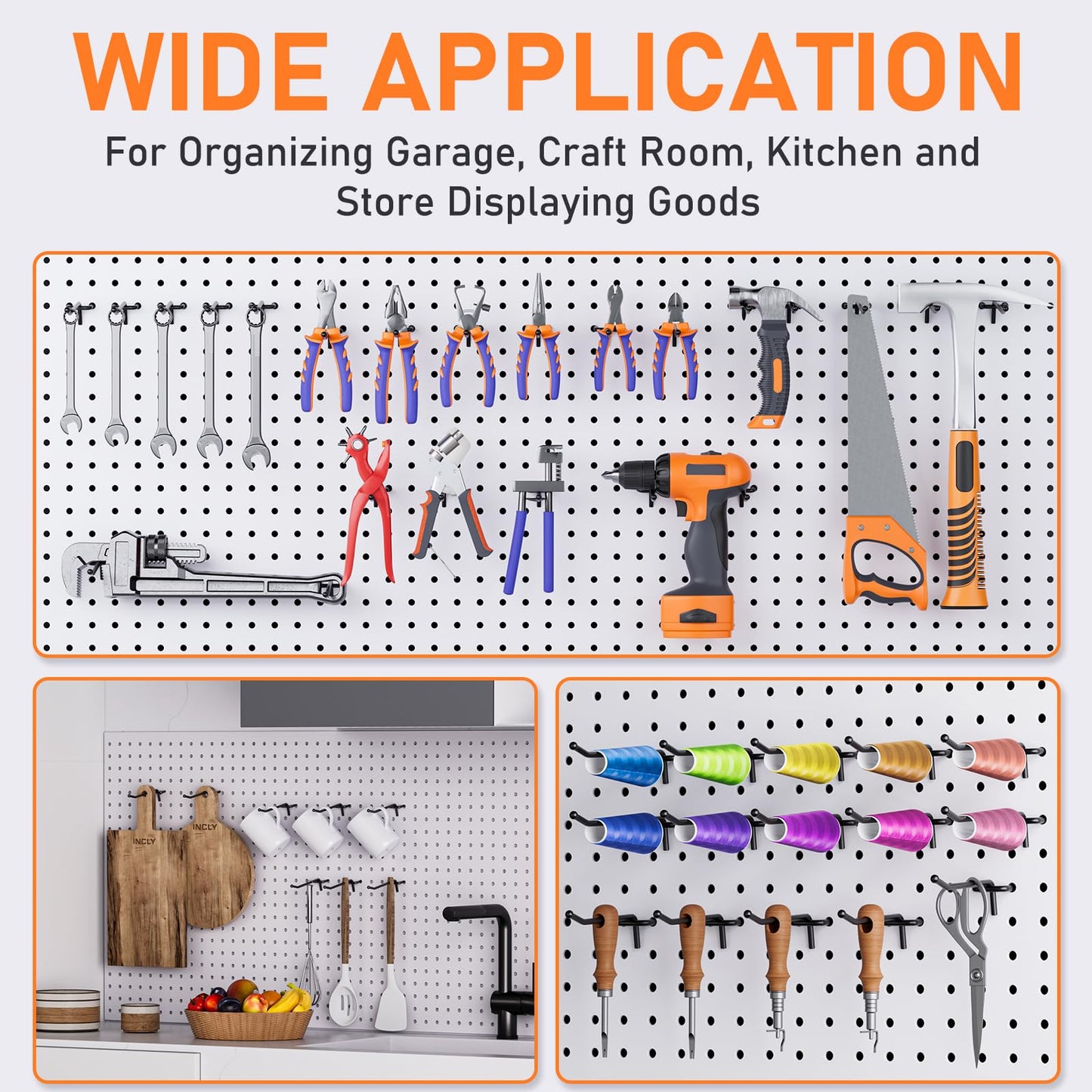 INCLY 60 Pack 4/6/8 Inch Black Pegboard Hooks, 1/4" Heavy Duty Peg Board Shelving Hooks Accessories, Peg Board Tool Hangers Fit 1/4" Pegboard for Organizing Garage, Craft Room, Kitchen, Store