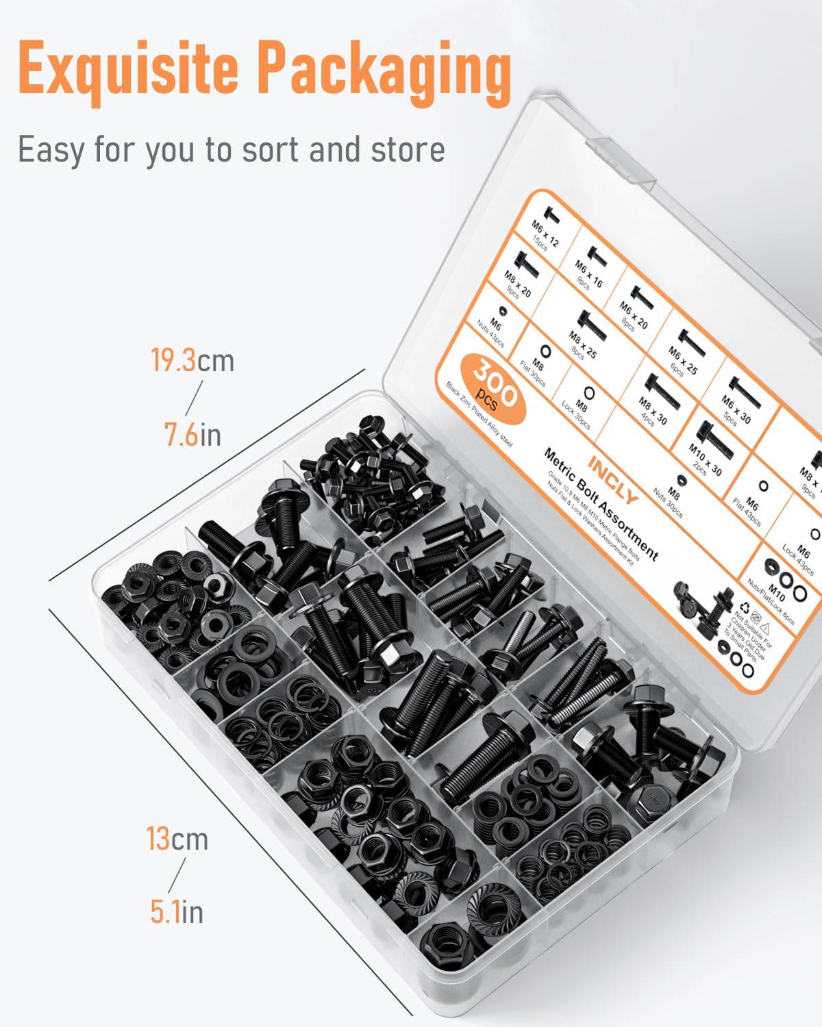 INCLY 300PCS M6 M8 M10 Metric Screw Assortment, 12 16 20 25 30mm Machine Screws, Black Nuts and Bolts with Lock & Flat Washers, Grade 10.9 Alloy Steel Hex Socket Head Cap Bolt Set