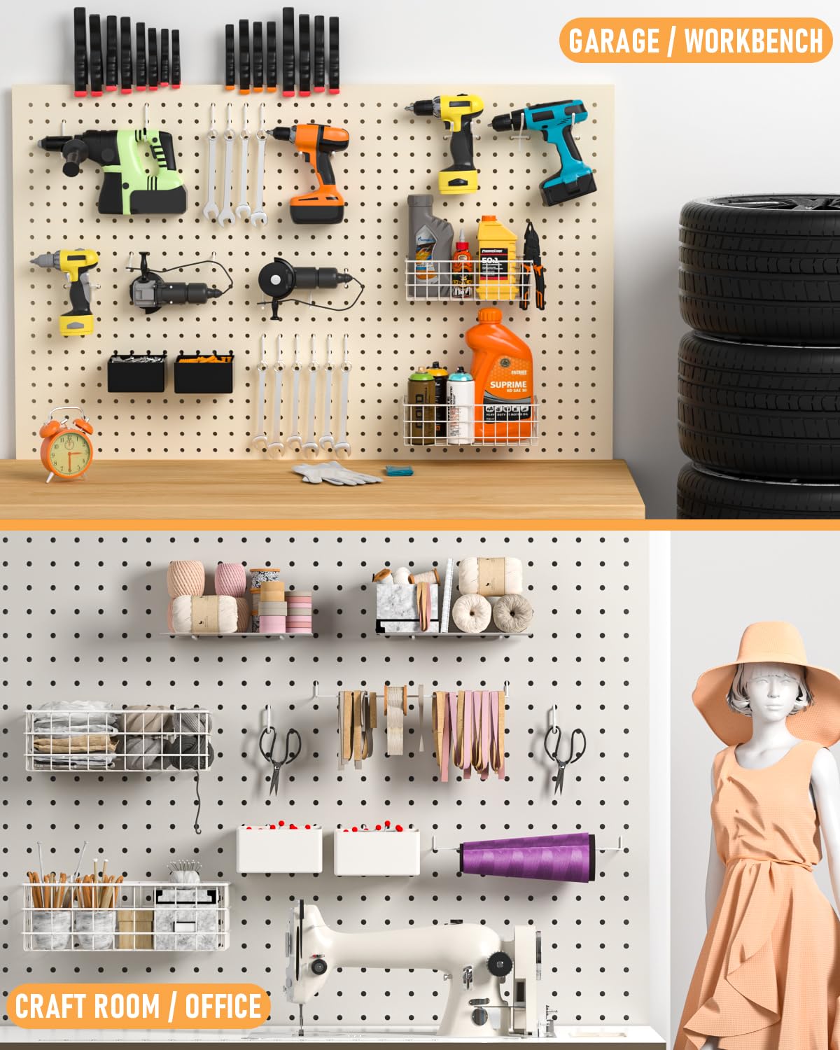 INCLY 4 Pack Pegboard Baskets Bins Set, 4 Size Square Style Metal White Wire Basket for Any Peg Board Organizing Tools, Pegboard Accessories for Workbench Garage Wall Storage Attachments