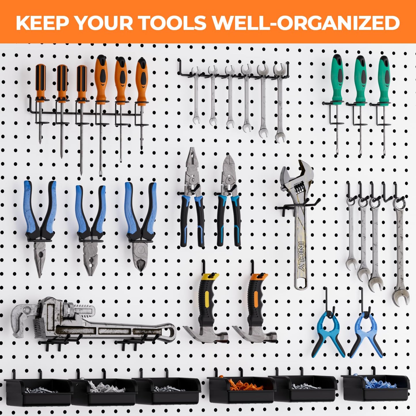 INCLY 220PCS Extra Thick 1/4" Pegboard Accessories Organizer Kit, Heavy Duty Black Pegboard Hooks with Bins and Peg Lock, Peg Board Hooks Assortment for Garage Wall Attachments Hanging Tools