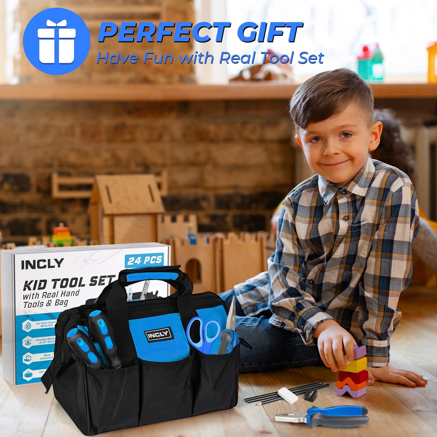 INCLY 24 PCS Real Tool Set with Tool Bag, Small Real Hand Tools Kit, Construction Learning Tools Hammer Screwdriver for Home DIY Building and Woodworking