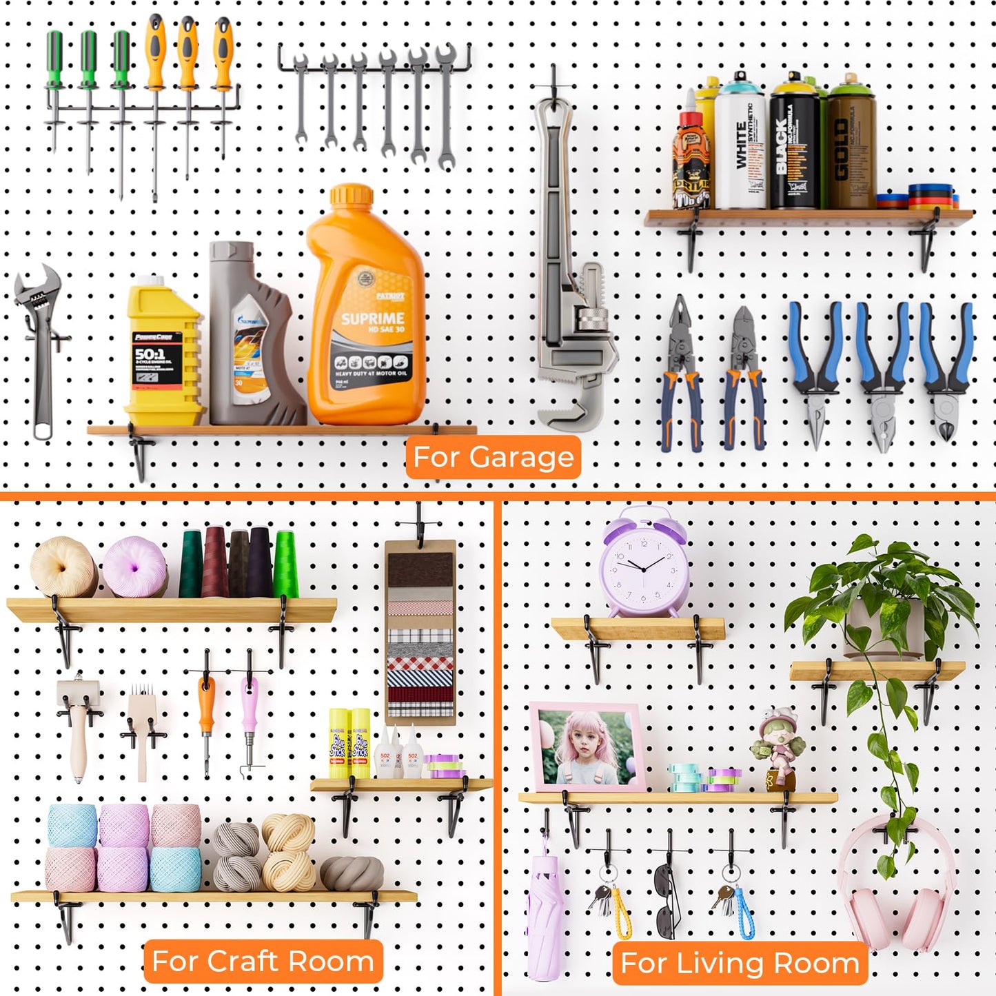 INCLY 8" Pegboard Shelf Hooks, 8 Pack Black Pegboard Shelf Brackets Hooks, 1/4 Inch Peg Board Organizer Accessories Display and Storage Rack for Garage Workbench Craft Room Office