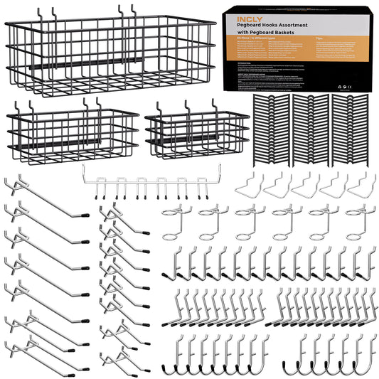 INCLY 143PCS Pegboard Hooks Organizer Accessories Set, Including 3 Packs Pegboard Baskets S/M/L, Peg Board Hooks Accessory Kit Hanging Tools for Garage Storage Wall Attachment