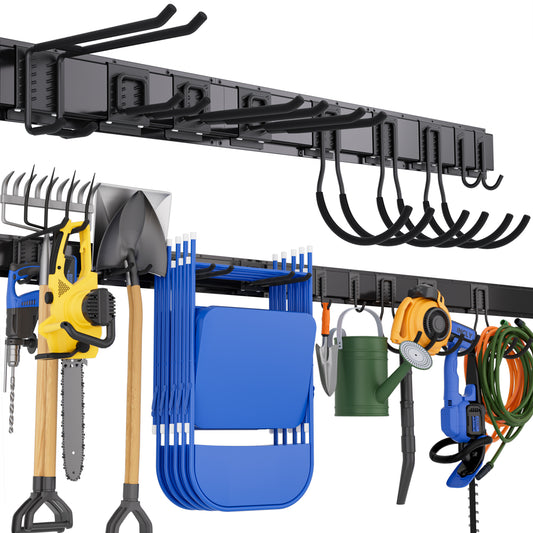 INCLY Garage Tool Organizer Wall Mount, 64 Inch Garage Organization and Storage Rack Load 600lbs, Heavy Duty Garden Yard Tool Organizer with 4 Racks and 9 Storgae Hooks for Shovels, Rakes, Chairs