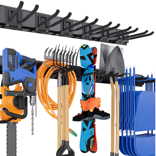 INCLY Garage Organization, 48 Inch Garden Tool Organizer Wall Mount Load 600lbs, Heavy Duty Garage Storage Rack with 3 Rails and 6 Adjustable Hooks for Hanging Yard Tool, Shovels, Rakes, Chairs