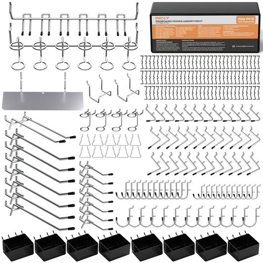 INCLY 206PCS Pegboard Hooks Assortment, Pegboard Accessories Organizer Kit with Bins & Peg Locks, 1/8 and 1/4 inch Peg Board Hooks for Garage Wall Hanging Tools