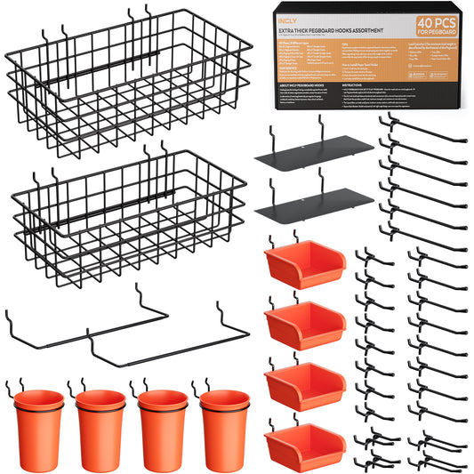 INCLY 40PCS Peg Board Organizer Accessories, 1/4 Inch Black Pegboard Hooks Assortment with Upgraded Bins & Cups, Wire Baskets and Paper Towel Holder for 1/4“ Peg Board Garage Workbench Craft Room