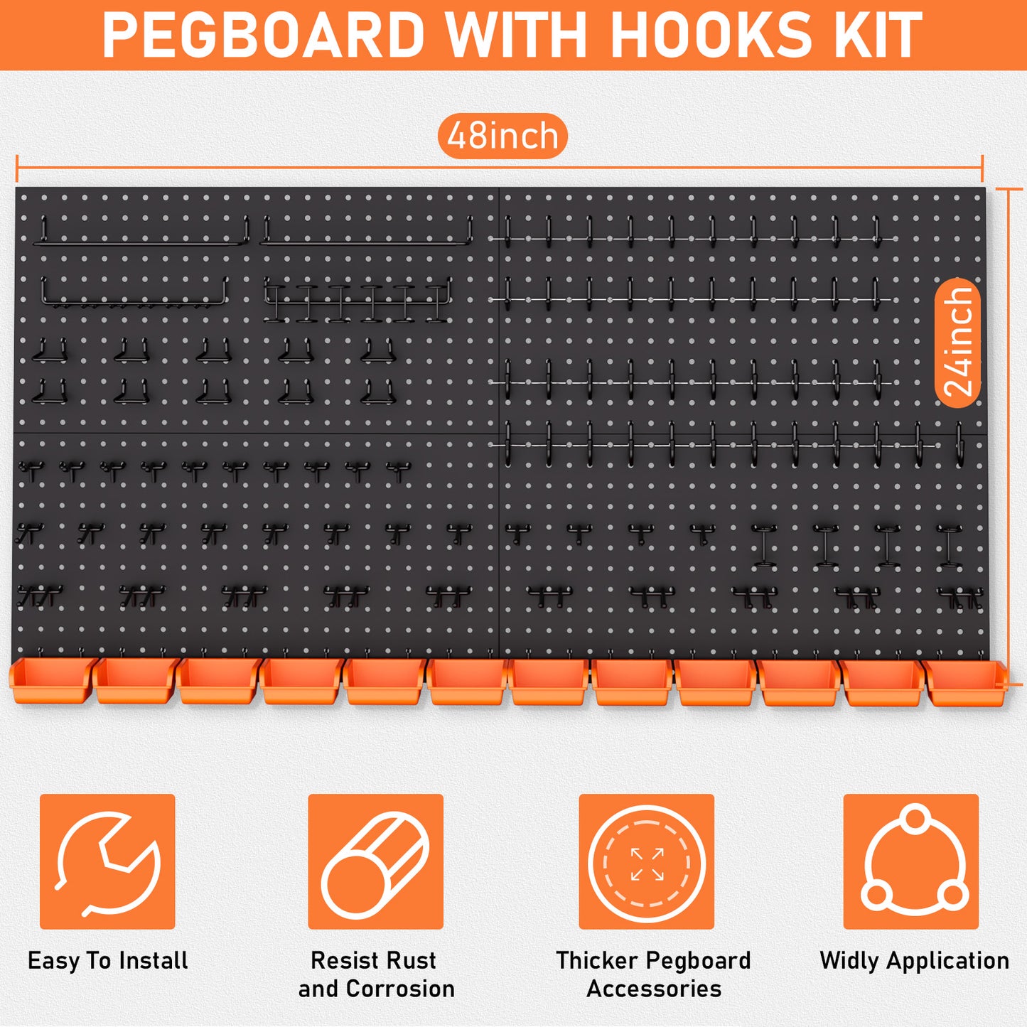 INCLY 48x24 Inch Metal Peg Board Kit with 1/4" Pegboard Hooks Accessories, 160PCS Black Pegboard Wall Organizer Pegboard Panels Tool Organizer Storage System for Garage Workbench Shed