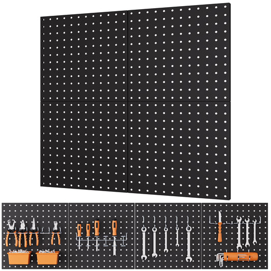 INCLY 4 Pack 12"x12" Black Metal Pegboard Panels, Heavy Duty Pegboard Wall Organizer with Frame, Black Peg Board for Walls, Garage, Workbench, Shed, Kitchen, Craft Room Tool Organization