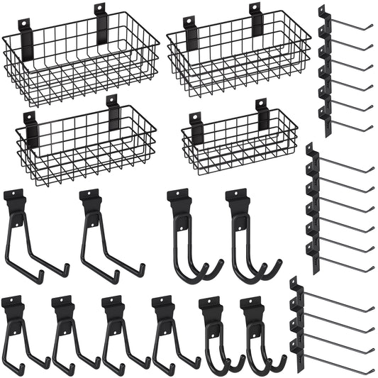 INCLY 30PCS Slatwall Accessories Set, Includes 4 Pack Ventilated Metal Wire Slatwall Baskets and 26PCS Multisized Heavy Duty Slatwall Hooks for Garage Rooms Shops Storage Organizing Display