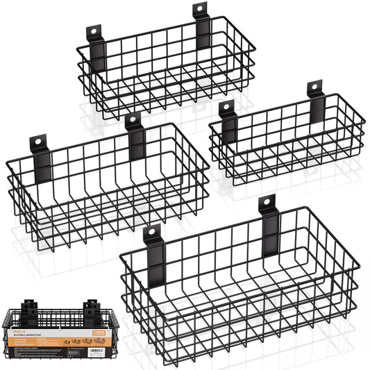 INCLY 4 Pack Black Slatwall Baskets Set, Ventilated Metal Hanging Storage Slat Wall Basket, Mounted Slatwall Accessories for Garage Rooms Shops Storage Organizing Display on Slatwall Panels