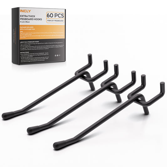 INCLY 60 Pack 4 Inch Black Pegboard Hooks, 1/4" Heavy Duty Peg Board Shelving Hooks Accessories, Peg Board Tool Hangers Only Fit 1/4" Pegboard Hanging Tools Garage, Craft Organizing, Kitchen, Store