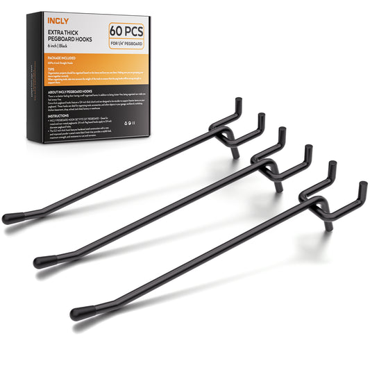 INCLY 60 Pack 6 Inch Black Pegboard Hooks, 1/4" Heavy Duty Peg Board Shelving Hooks Accessories, Peg Board Tool Hangers Only Fit 1/4" Pegboard Hanging Tools Garage, Craft Organizing, Kitchen, Store