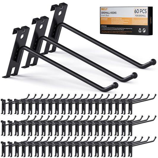 INCLY 6 Inch Gridwall Hooks, 60 Pack Heavy Duty Black Display Hooks for Grid Wall Panels, Gridwall Accessory for Storage Display Clothes in Retail Shop Garage