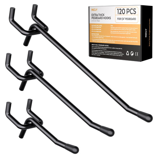 INCLY 120 Pack 2/4/6 Inch Black Pegboard Hooks, 1/4" Heavy Duty Peg Board Shelving Hooks Accessories, Peg Board Tool Hangers Fit 1/4" Pegboard Hanging Tools Garage, Crafts Organizing, Kitchen, Store