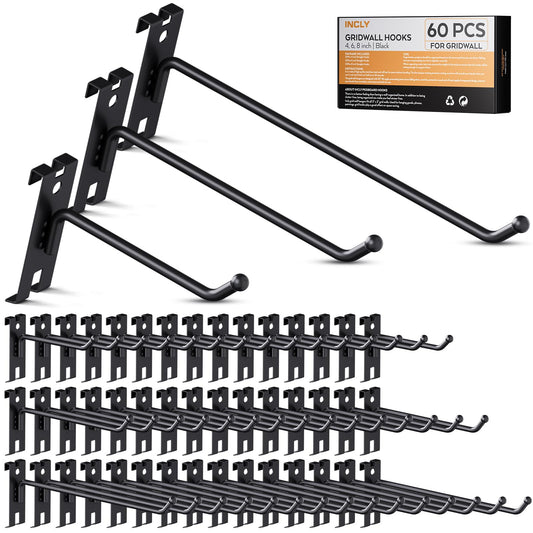 INCLY 4/6/8 Inch Gridwall Hooks, 60 Pack Heavy Duty Black Display Hooks for Grid Wall Panels, Grid Wall Accessory for Storage Display Clothes in Retail Shop Garage