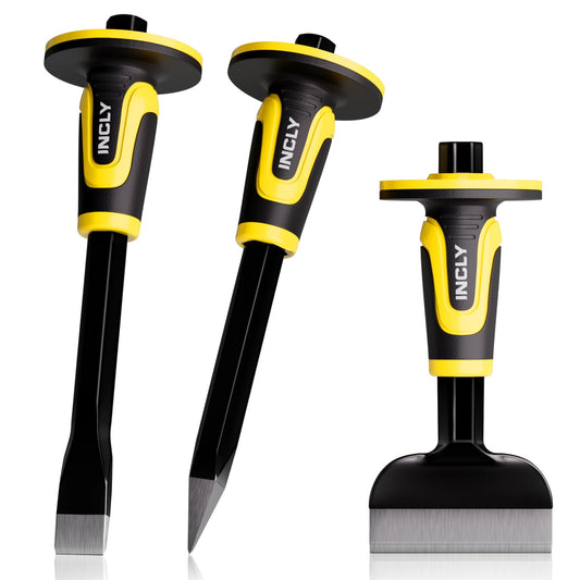 INCLY 3PCS Masonry Chisel Set with Hand Guard, Stone and Rock Chisel, Heavy Duty Concrete Chisel Tools Including 11 Inch Point & Flat, 8 Inch Brick Chisels for Breaking Splitting Cutting