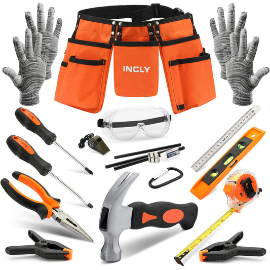 INCLY 18PCS Real Tool Set with Reinforced Belt, Adjustable Waist 20"-32", Real Hand Tools Kit Construction Learning Tools Hammer Screwdriver for Home DIY Building & Woodworking