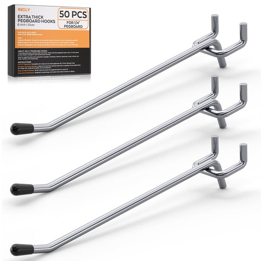 INCLY 50 Pack 6 Inch Pegboard Hooks, 1/4" Heavy Duty Peg Board Hooks Accessories with Rubber Tipped, Peg Board Tool Hangers Fit 1/4" Pegboard for Hanging Tools Garage, Craft Room, Kitchen, Store