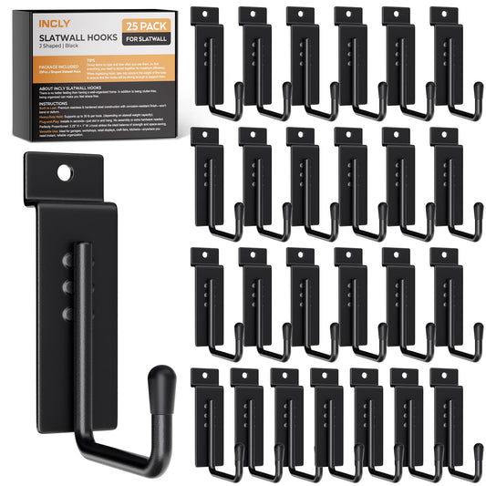 INCLY 25 Pack J-Shaped Slatwall Hooks, Heavy Duty Slat Wall Hanging Hook and Hanger, Slatwall Panel Accessories Display Hooks for Garage, Kitchen, Retail Store