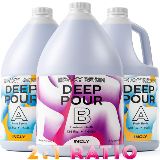 INCLY Deep Pour Epoxy Resin 3 Gallon Kit, 2 to 4 Inch Depth Deep Pour Resin, High Gloss & Bubbles Free for Art Craft River Table, Wood Filler, Bar Top, Coating, Casting, Self Leveling Epoxy Resin 2:1