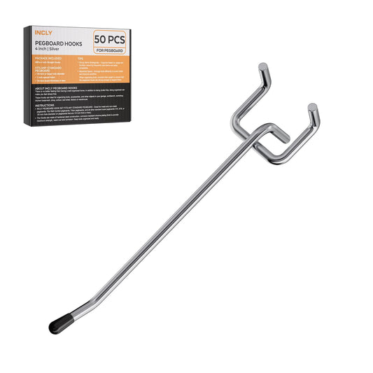 INCLY 50 Pack Pegboard Hooks, 4 Inch Metal Peg Board Hooks Accessories, Peg Board Tool Hangers Fit for 1/8“ and 1/4" Pegboard Hanging Tools for Garage, Craft Room, Kitchen, Store