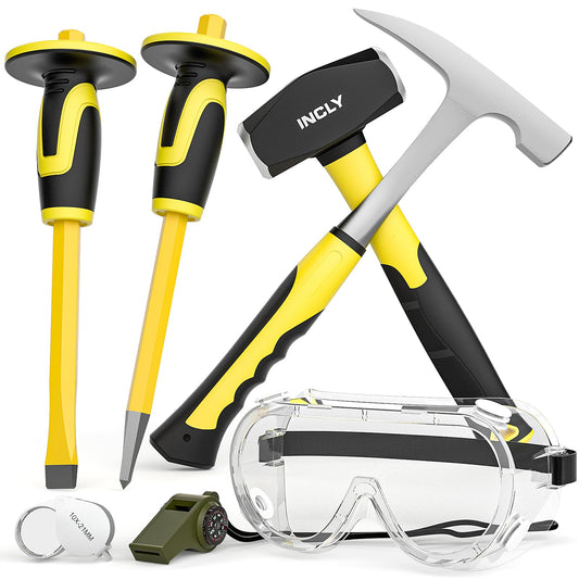INCLY 7 Pcs Geology Rock Pick Equipment Kit, 3lb Sledge &32 oz Rock Hammer with 2PCS 12" Mason Concrete Chisel.Safety Glasses, Jewelers loupe, Tool Set for Hounding, GoldMining, Stone Breaking