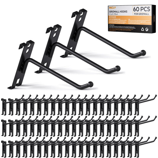 INCLY 4 Inch Gridwall Hooks, 60 Pack Heavy Duty Black Display Hooks for Grid Wall Panels, Gridwall Accessory for Storage Display Clothes in Retail Shop Garage