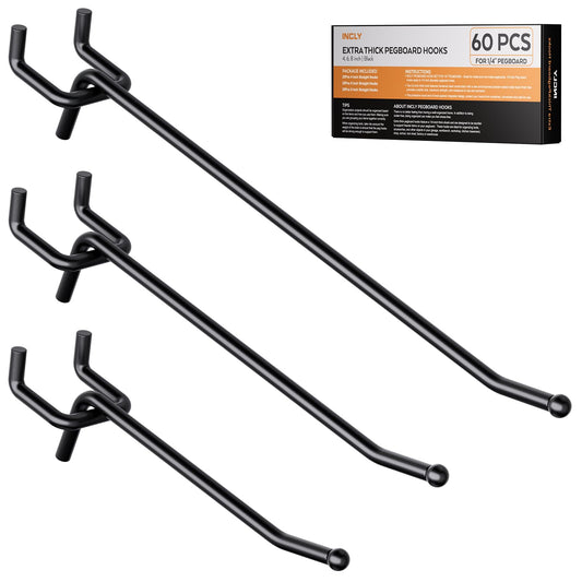 INCLY 60 Pack 4/6/8 Inch Black Pegboard Hooks, 1/4" Heavy Duty Peg Board Shelving Hooks Accessories, Peg Board Tool Hangers Fit 1/4" Pegboard for Organizing Garage, Craft Room, Kitchen, Store