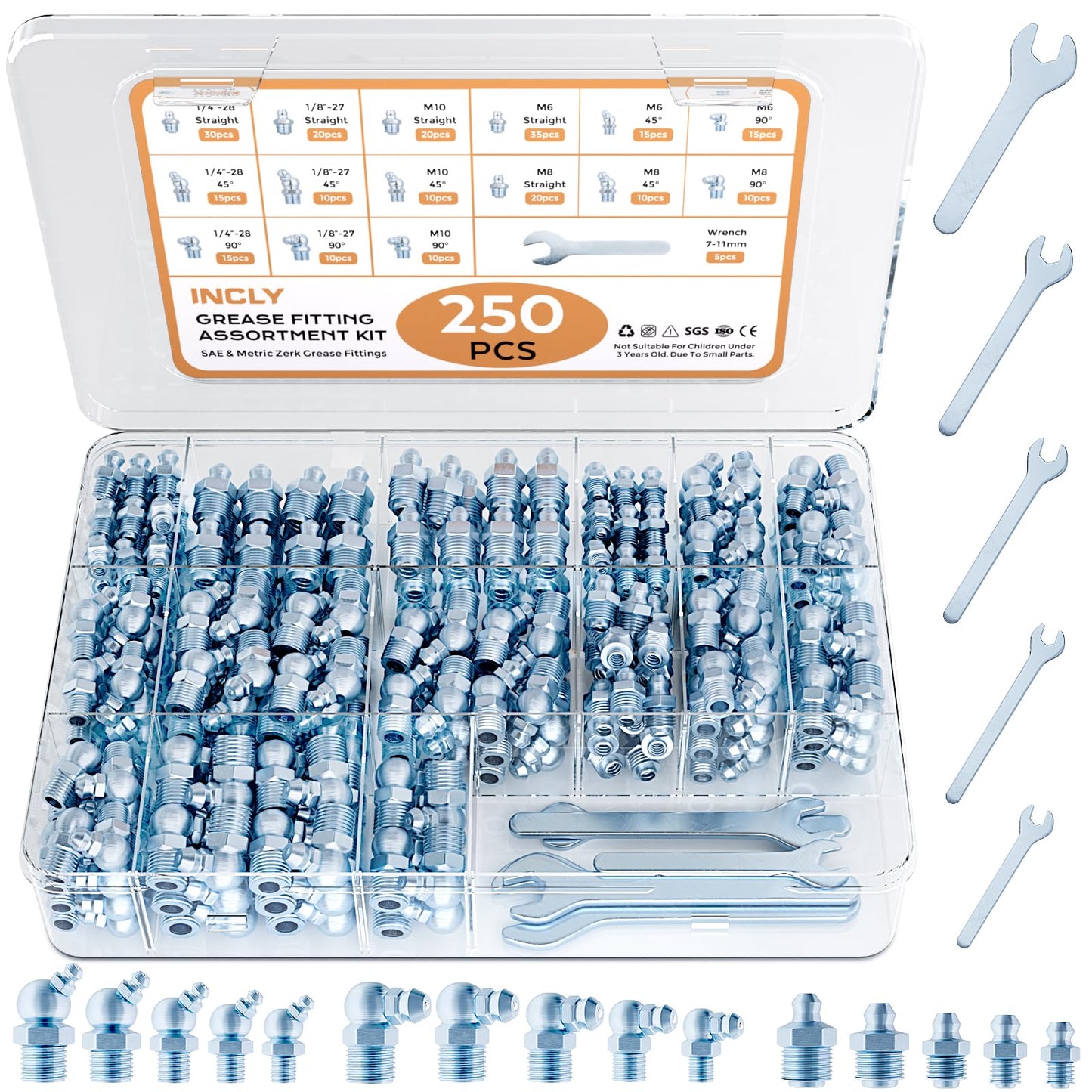 INCLY 250PCS SAE & Metric Grease Fittings Assortment, Hydraulic Zerk Grease Fittings with Wrench Kit, Galvanized Steel Straight 45 90 Degree Zerk Fitting for Garage Farm Equipment Maintenance