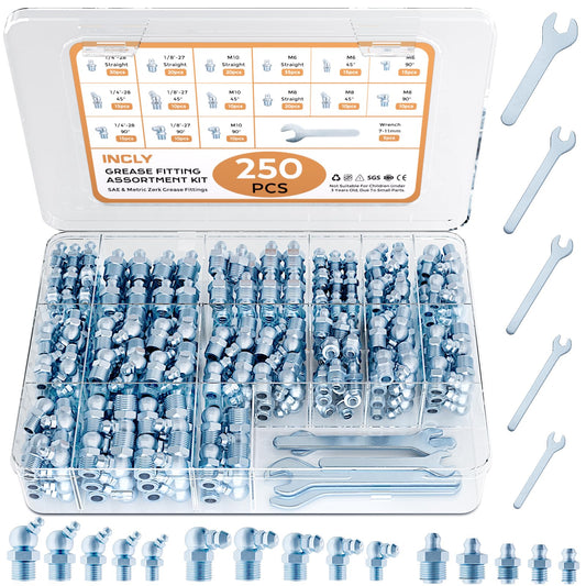 INCLY 250PCS SAE & Metric Grease Fittings Assortment, Hydraulic Zerk Grease Fittings with Wrench Kit, Galvanized Steel Straight 45 90 Degree Zerk Fitting for Garage Farm Equipment Maintenance
