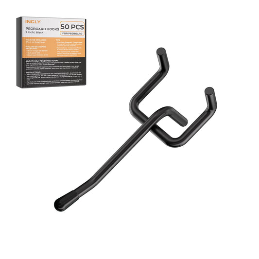 INCLY 50 Pack Black Pegboard Hooks, 2 Inch Metal Peg Board Hooks Accessories, Peg Board Tool Hangers Fit for 1/8“ and 1/4" Pegboard Hanging Tools for Garage, Craft Room, Kitchen, Store