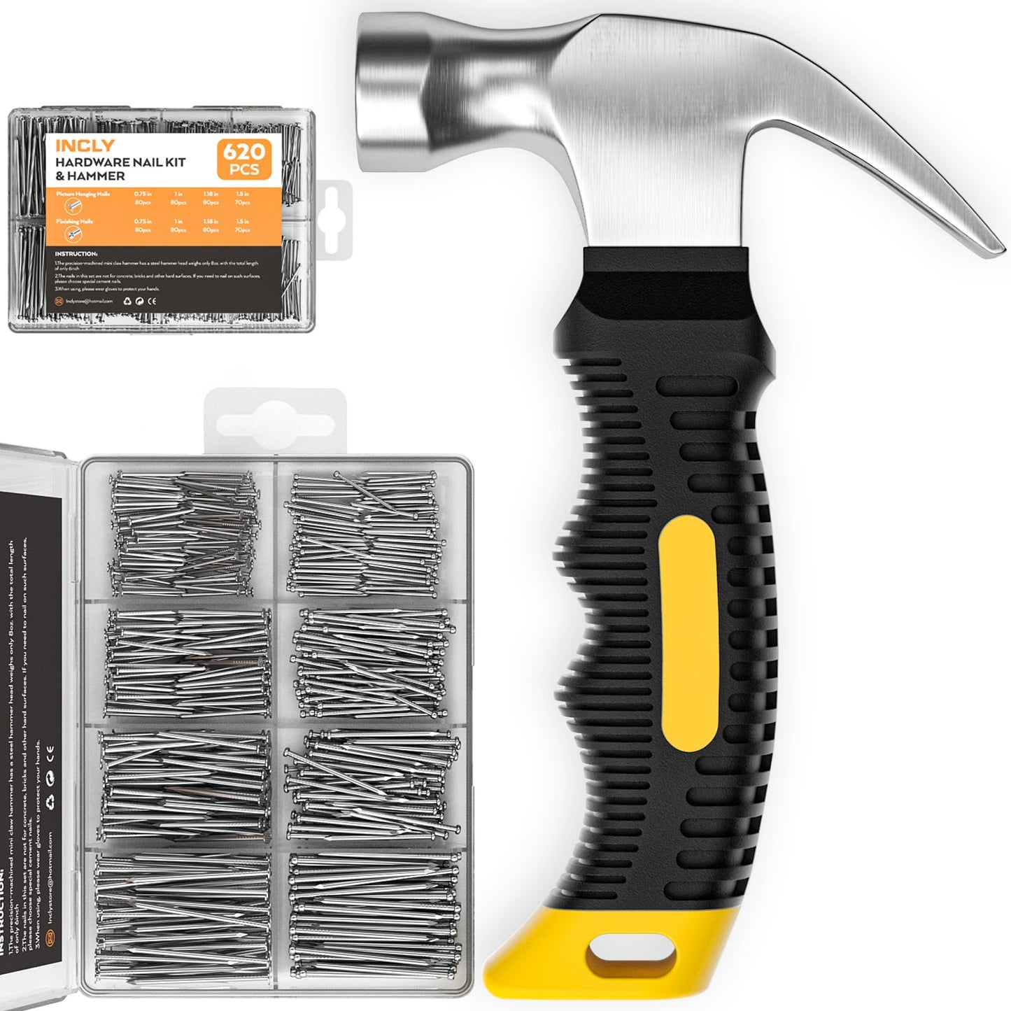 INCLY 620 PCS Small Nails for Hanging Pictures Assortment Kit with 8oz Claw Small Hammer, Mini Hammer Set with Hardware Nails Assorted Set 310 Wall Nails & 310 Finish Nails for Installing with Case
