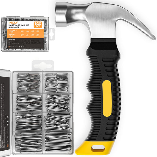 INCLY 620 PCS Small Nails for Hanging Pictures Assortment Kit with 8oz Claw Small Hammer, Mini Hammer Set with Hardware Nails Assorted Set 310 Wall Nails & 310 Finish Nails for Installing with Case