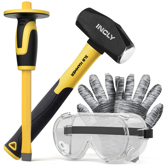 INCLY 4 PCS Geology Rock Pick Equipment Kit, 3 Pound Sledge Rock Hammer with 12" Mason Concrete Chisel, Safety Glasses, Gloves, Tool Set for Hounding, Gold Mining & Prospecting, Brick Stone Breaking