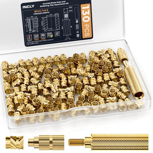 INCLY 130PCS M3 Heat Set Inserts, with Soldering Iron Tip and Adapter, M3x5.7 Female Thread Metric Knurled Nuts Assortment Kit, Brass Threaded Inserts for Plastic 3D Printing Components