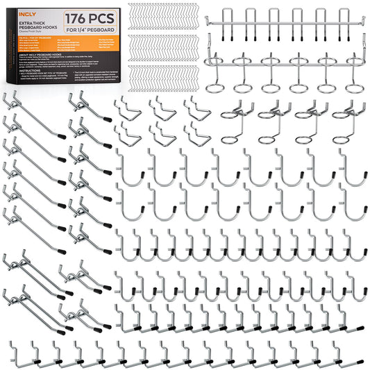INCLY 176PCS Extra Thick Pegboard Hooks Set, 1/4" Heavy Duty Metal Peg Board Hook Assortment with Peg Lock Pegboard Accessories for Garage Wall Organizer Hanging Tools