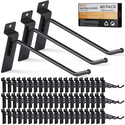 INCLY 60 Pack Slatwall Hooks, 6 Inch Heavy Duty Black Slat Wall Hanging Hook and Hanger, Slatwall Panel Accessories Assortment Display Hooks for Garages, Sheds, Basements, Retail Stores