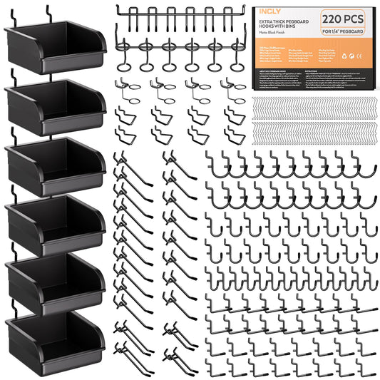 INCLY 220PCS Extra Thick 1/4" Pegboard Accessories Organizer Kit, Heavy Duty Black Pegboard Hooks with Bins and Peg Lock, Peg Board Hooks Assortment for Garage Wall Attachments Hanging Tools