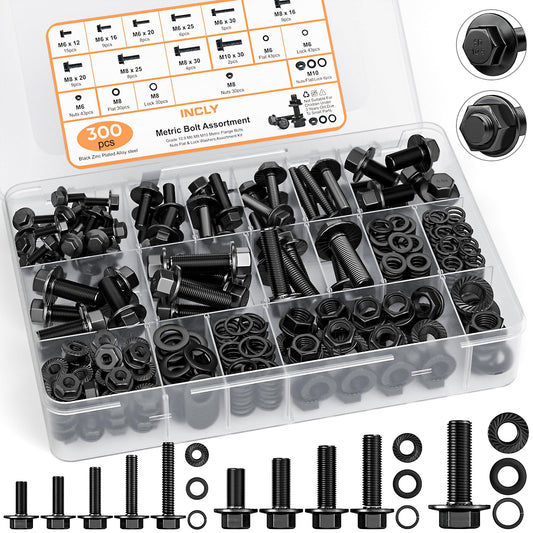 INCLY 300PCS M6 M8 M10 Metric Screw Assortment, 12 16 20 25 30mm Machine Screws, Black Nuts and Bolts with Lock & Flat Washers, Grade 10.9 Alloy Steel Hex Socket Head Cap Bolt Set