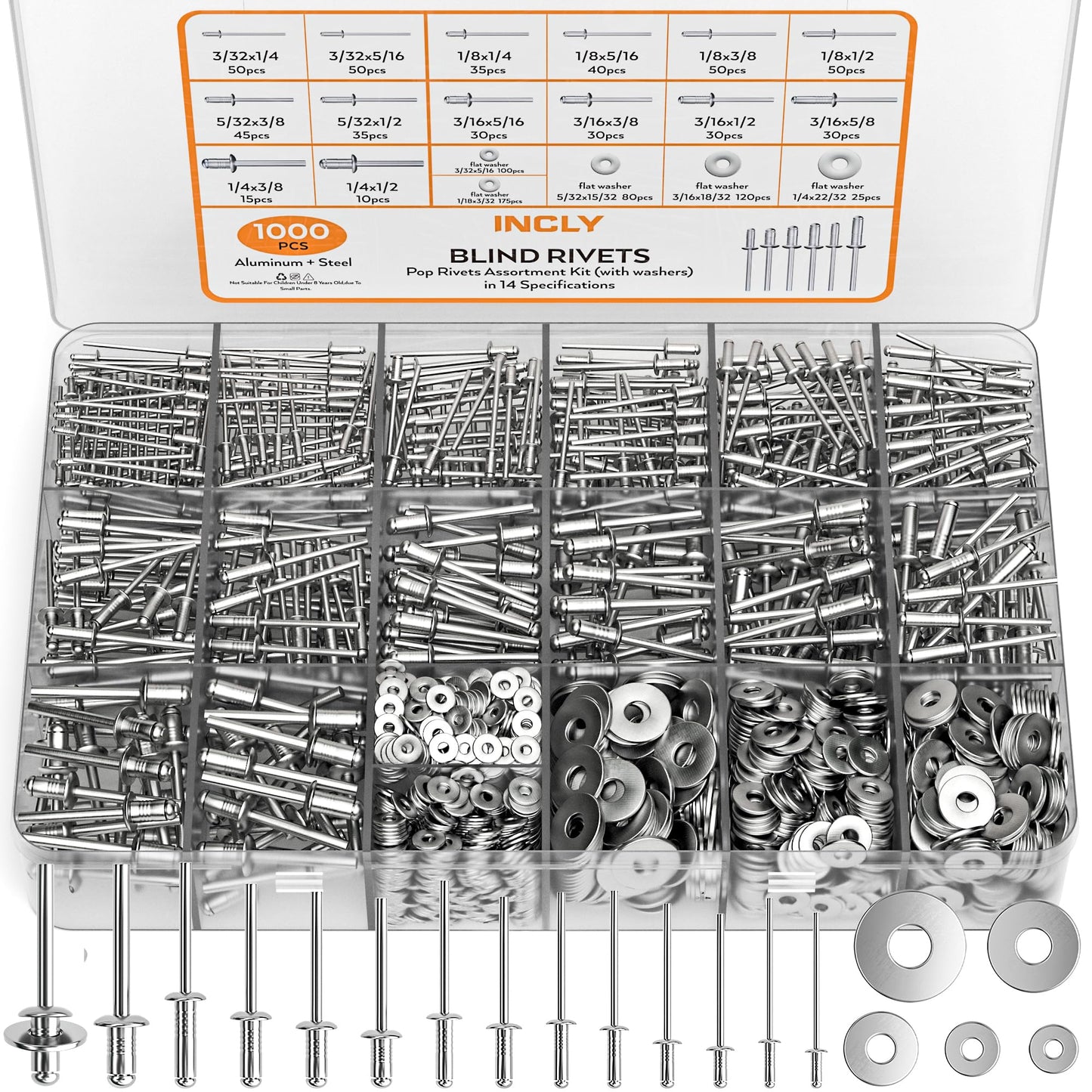 INCLY 1000PCS Aluminum Pop Rivets Assortment Kit, 14 Sizes Pop Rivets (3/32" 1/8" 5/32" 3/16" 1/4") with 5 Size 304 Stainless Steel Backup Washers, Assorted Blind Rivets for Metal with Storage Case